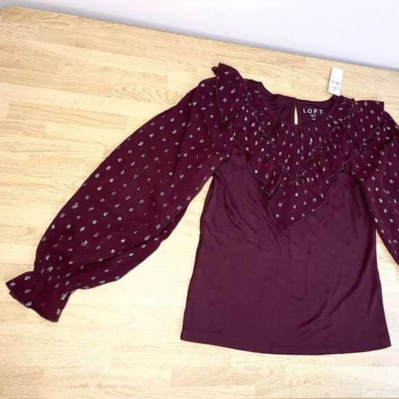 NWT LOFT Shimmer Ruffle Yoke Top Burgundy - Picture 2 of 7